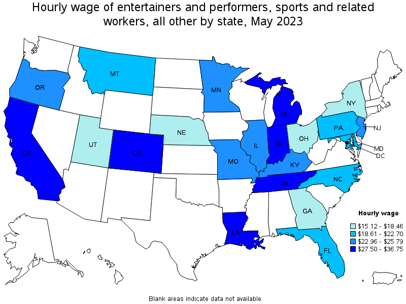 Map of annual mean wages of entertainers and performers, sports and related workers, all other by state, May 2023