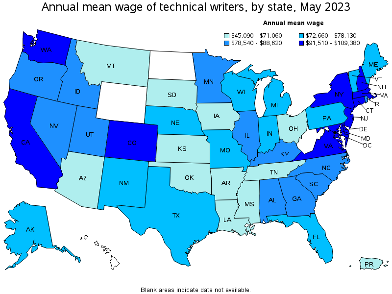 Map of annual mean wages of technical writers by state, May 2023