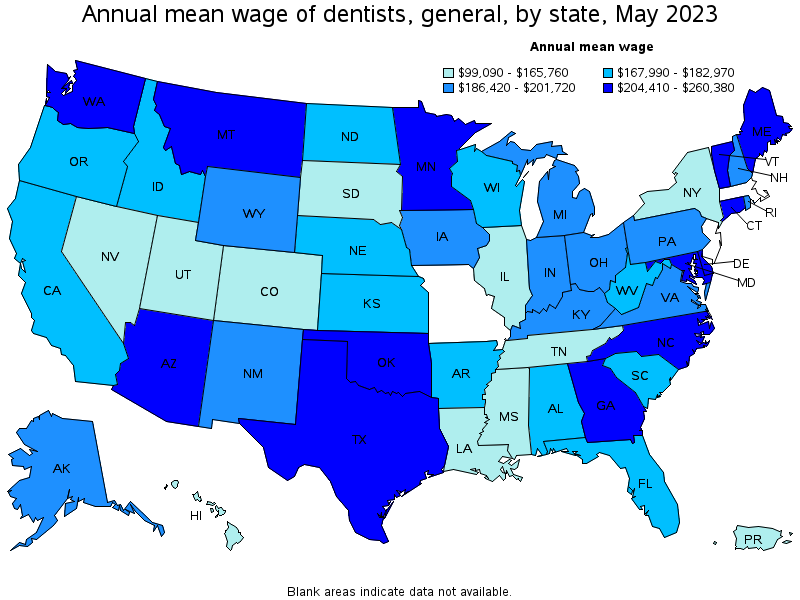 Map of annual mean wages of dentists, general by state, May 2023