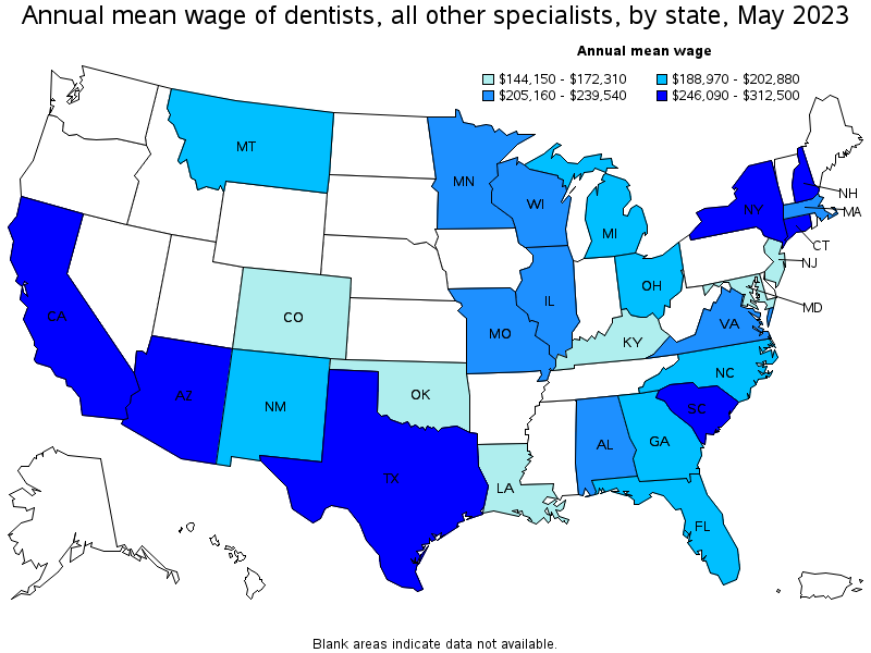 Map of annual mean wages of dentists, all other specialists by state, May 2023
