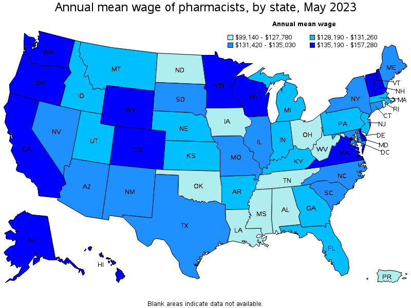 Map of annual mean wages of pharmacists by state, May 2023