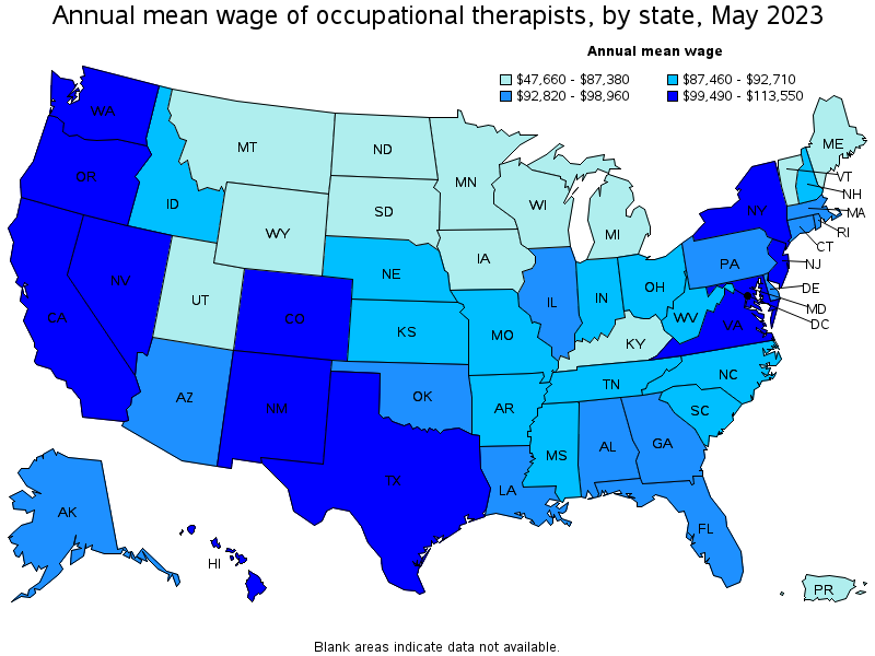 Map of annual mean wages of occupational therapists by state, May 2023