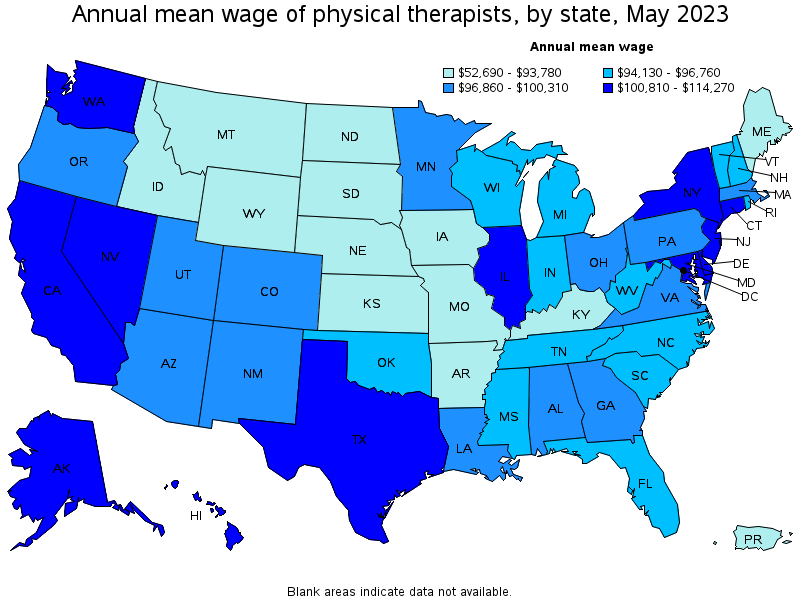 Map of annual mean wages of physical therapists by state, May 2023