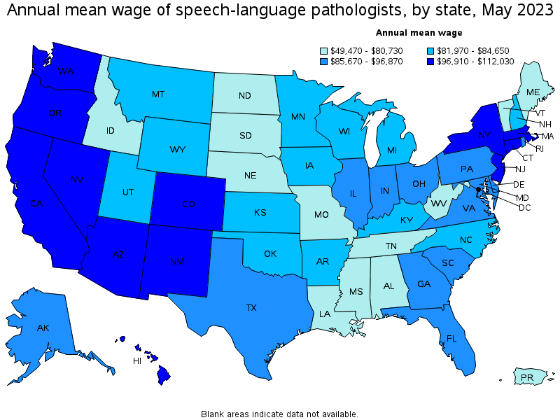 Map of annual mean wages of speech-language pathologists by state, May 2023