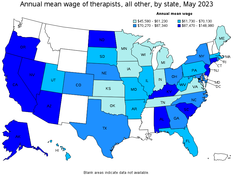 Map of annual mean wages of therapists, all other by state, May 2023