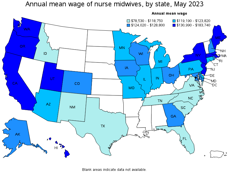 Map of annual mean wages of nurse midwives by state, May 2023