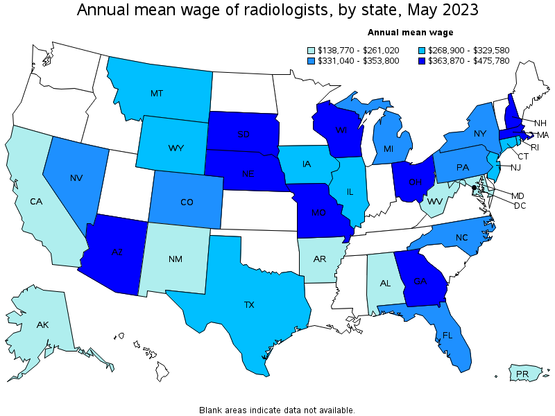 Map of annual mean wages of radiologists by state, May 2023