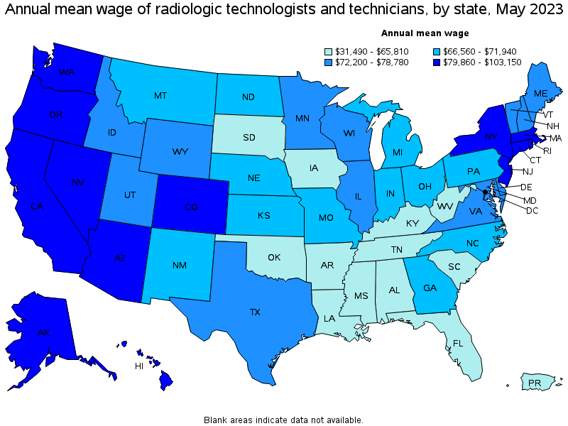 Map of annual mean wages of radiologic technologists and technicians by state, May 2023