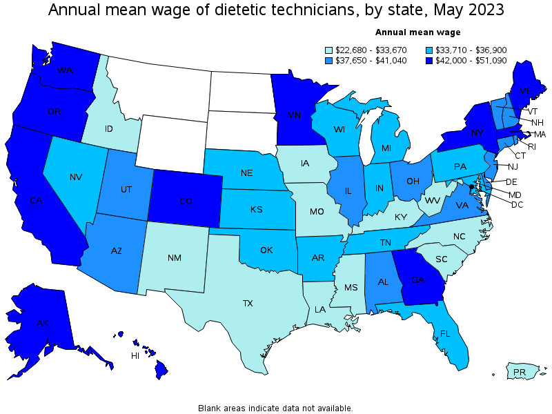 Map of annual mean wages of dietetic technicians by state, May 2023