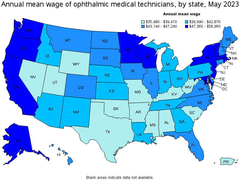 Map of annual mean wages of ophthalmic medical technicians by state, May 2023