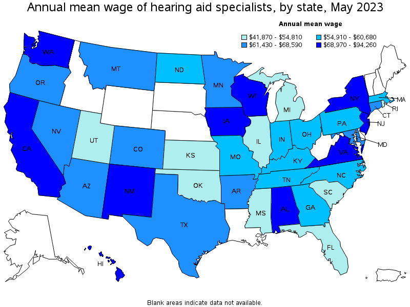 Map of annual mean wages of hearing aid specialists by state, May 2023