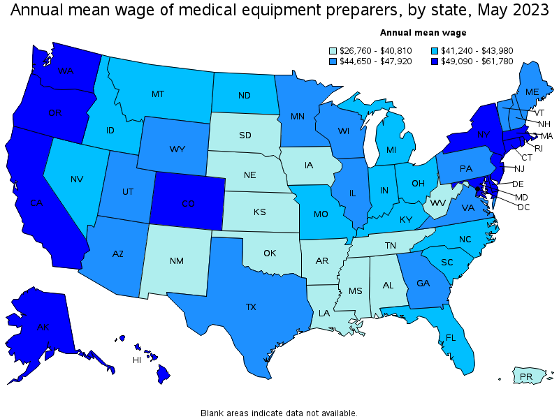 Map of annual mean wages of medical equipment preparers by state, May 2023