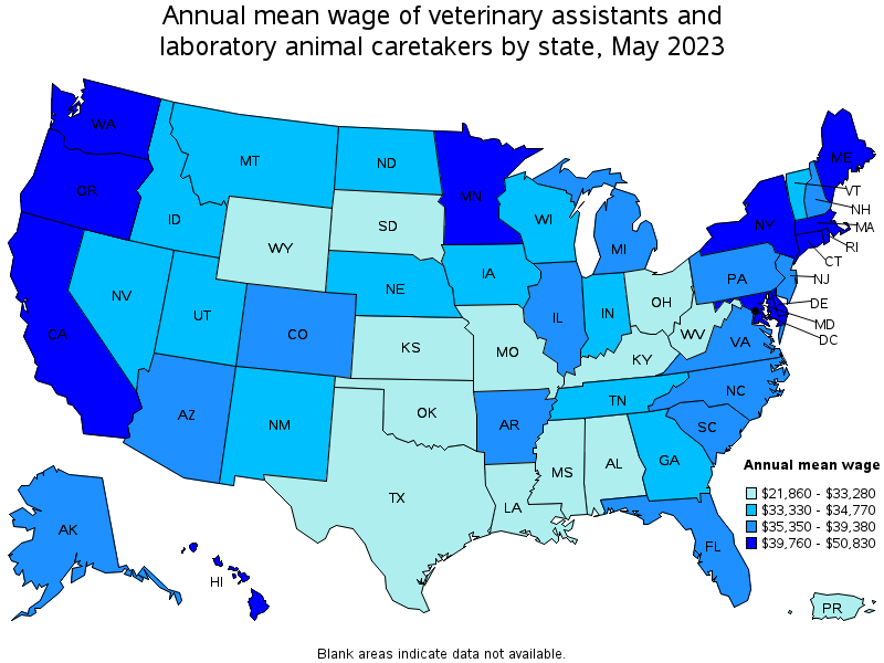 Map of annual mean wages of veterinary assistants and laboratory animal caretakers by state, May 2023