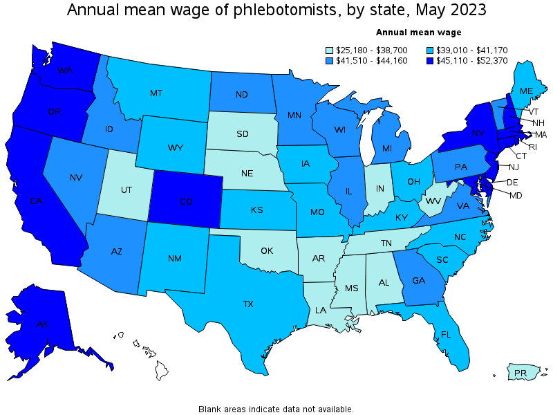 Map of annual mean wages of phlebotomists by state, May 2023