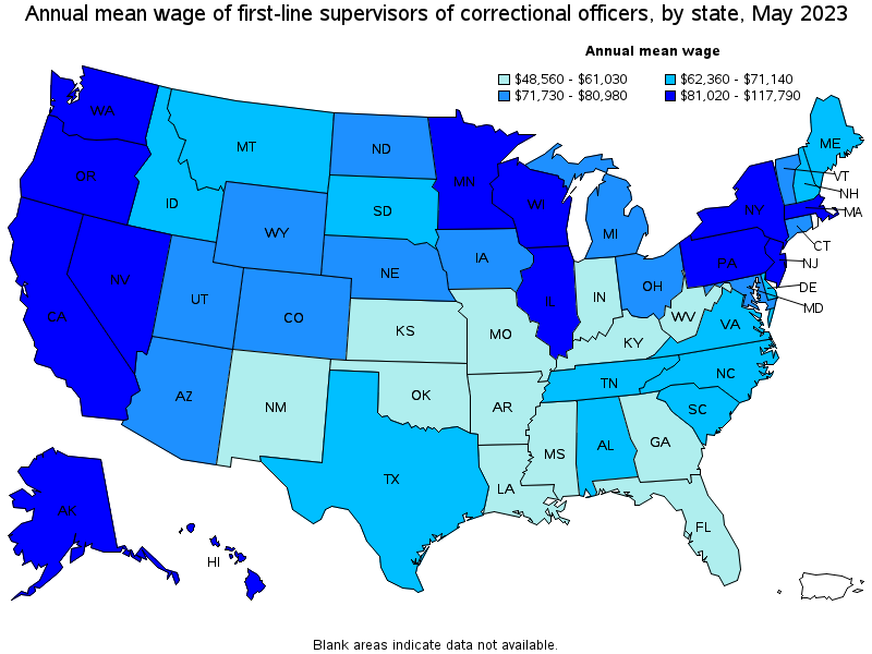 Map of annual mean wages of first-line supervisors of correctional officers by state, May 2023