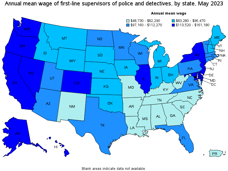 Map of annual mean wages of first-line supervisors of police and detectives by state, May 2023