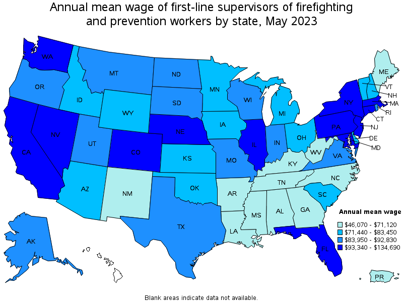 Map of annual mean wages of first-line supervisors of firefighting and prevention workers by state, May 2023