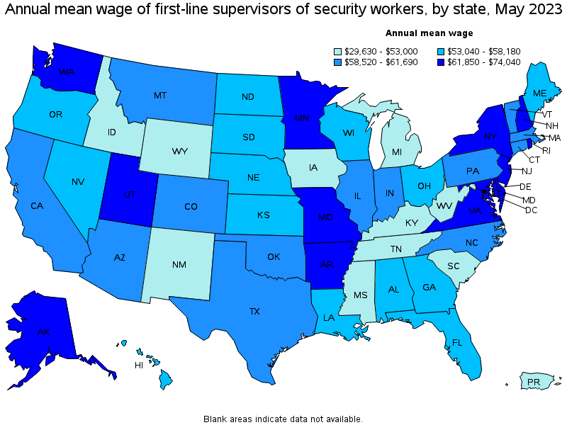 Map of annual mean wages of first-line supervisors of security workers by state, May 2023