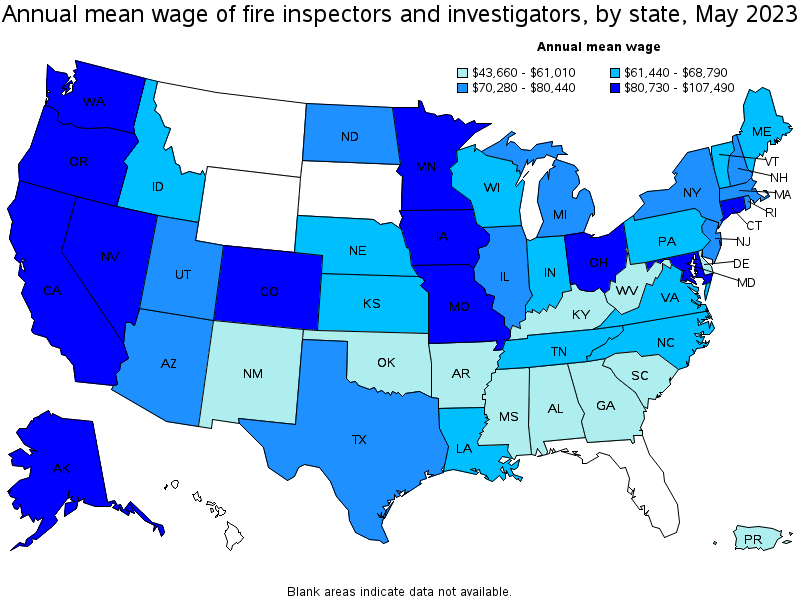 Map of annual mean wages of fire inspectors and investigators by state, May 2023