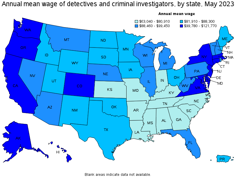 Map of annual mean wages of detectives and criminal investigators by state, May 2023