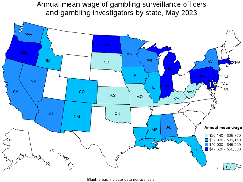 Map of annual mean wages of gambling surveillance officers and gambling investigators by state, May 2023
