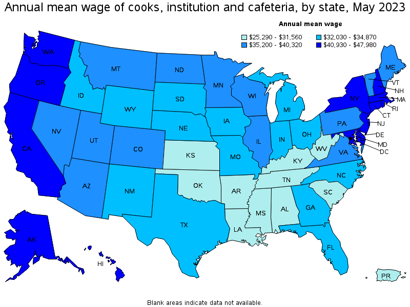 Map of annual mean wages of cooks, institution and cafeteria by state, May 2023