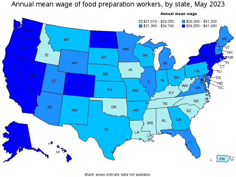 Map of annual mean wages of food preparation workers by state, May 2023