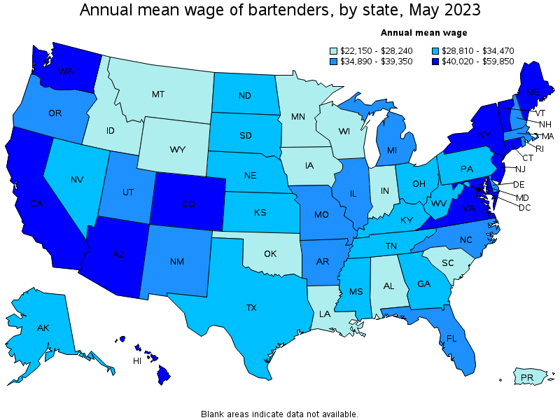 Map of annual mean wages of bartenders by state, May 2023