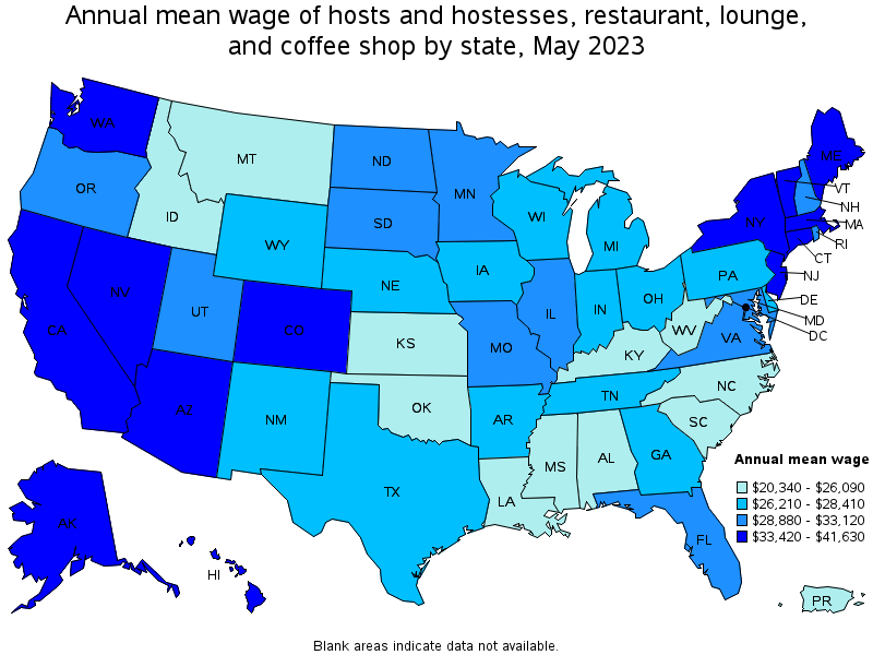 Map of annual mean wages of hosts and hostesses, restaurant, lounge, and coffee shop by state, May 2022