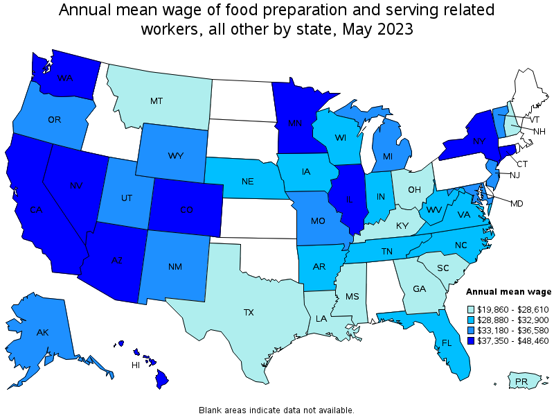 Map of annual mean wages of food preparation and serving related workers, all other by state, May 2023