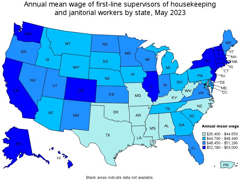 Map of annual mean wages of first-line supervisors of housekeeping and janitorial workers by state, May 2023