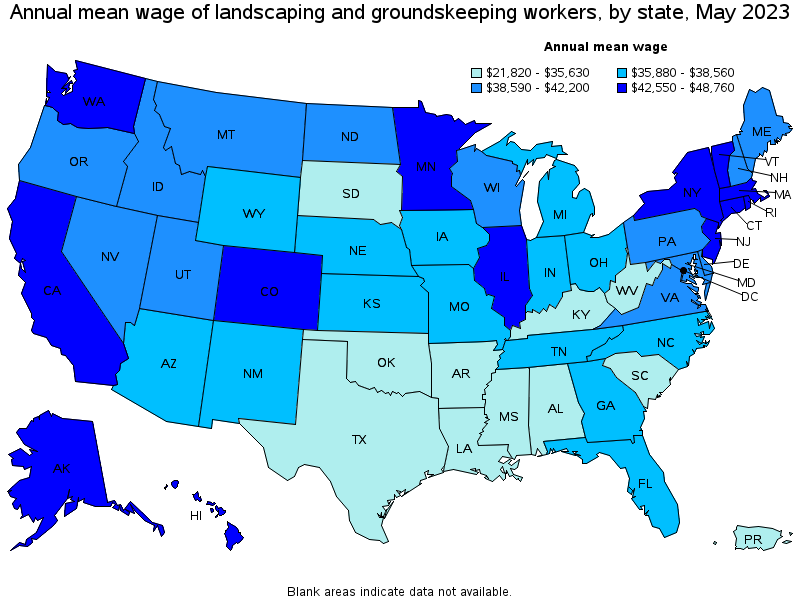 Map of annual mean wages of landscaping and groundskeeping workers by state, May 2023