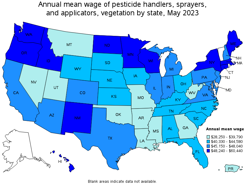 Map of annual mean wages of pesticide handlers, sprayers, and applicators, vegetation by state, May 2023