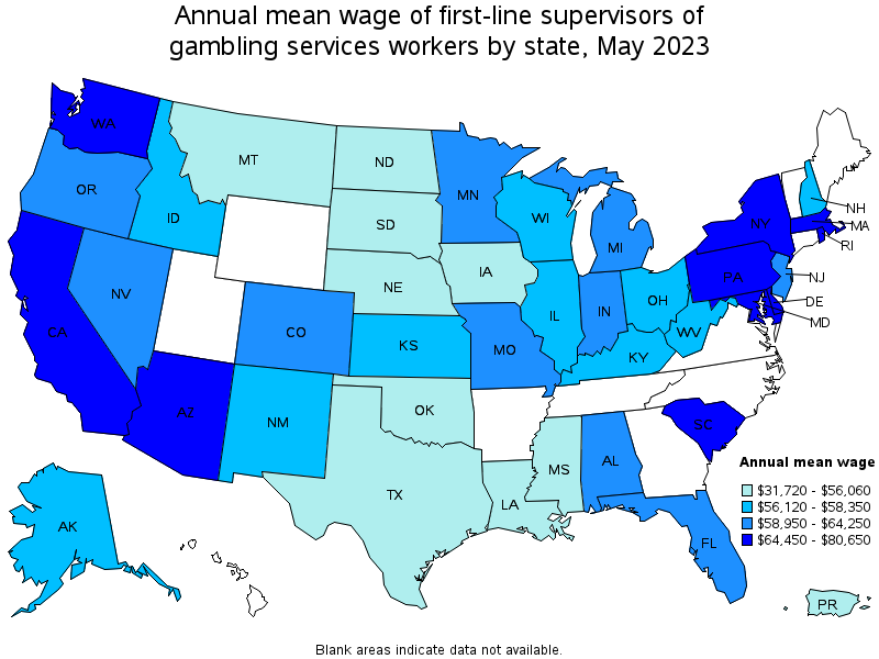 Map of annual mean wages of first-line supervisors of gambling services workers by state, May 2023