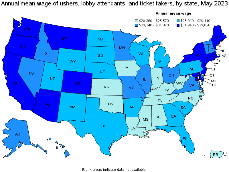 Map of annual mean wages of ushers, lobby attendants, and ticket takers by state, May 2023