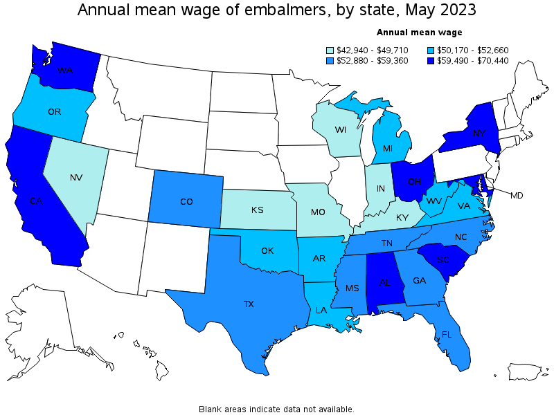 Map of annual mean wages of embalmers by state, May 2023