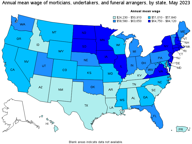 Map of annual mean wages of morticians, undertakers, and funeral arrangers by state, May 2023