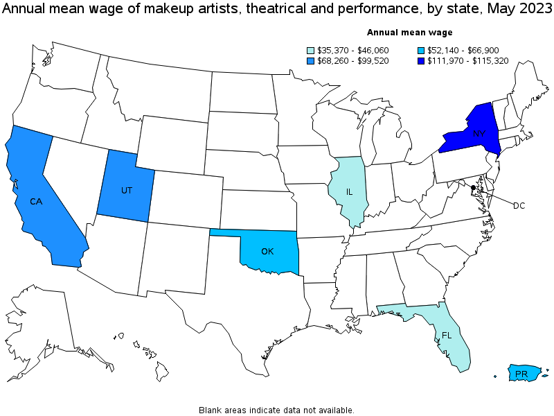 Map of annual mean wages of makeup artists, theatrical and performance by state, May 2023