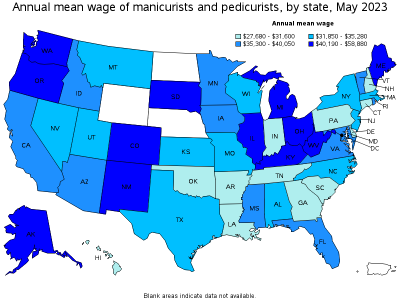 Map of annual mean wages of manicurists and pedicurists by state, May 2023
