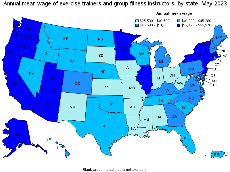 Map of annual mean wages of exercise trainers and group fitness instructors by state, May 2023