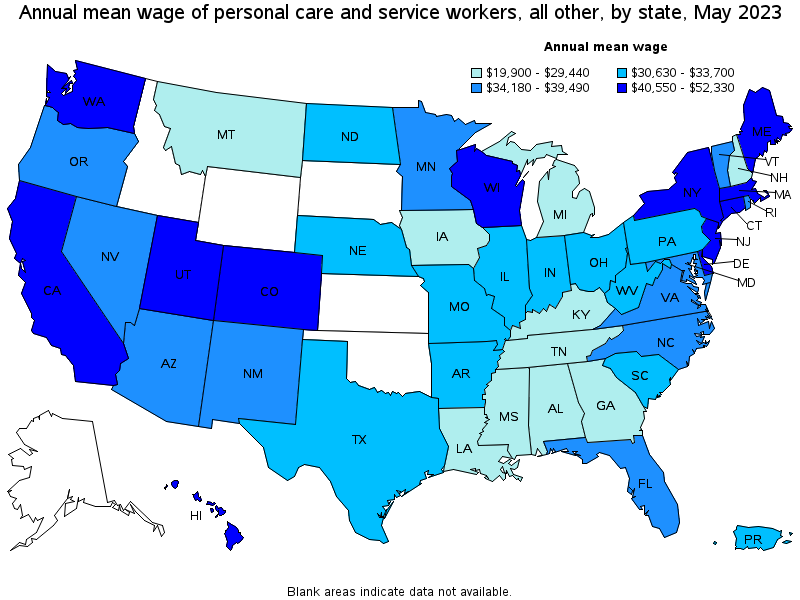 Map of annual mean wages of personal care and service workers, all other by state, May 2023