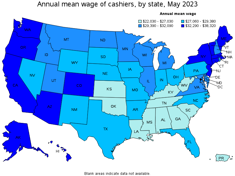 Map of annual mean wages of cashiers by state, May 2023