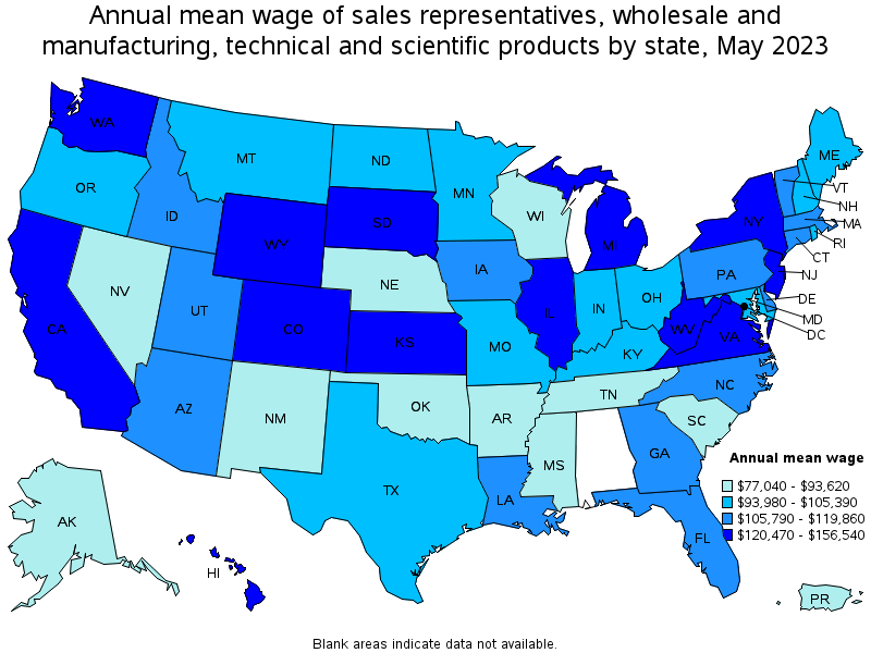 Map of annual mean wages of sales representatives, wholesale and manufacturing, technical and scientific products by state, May 2023