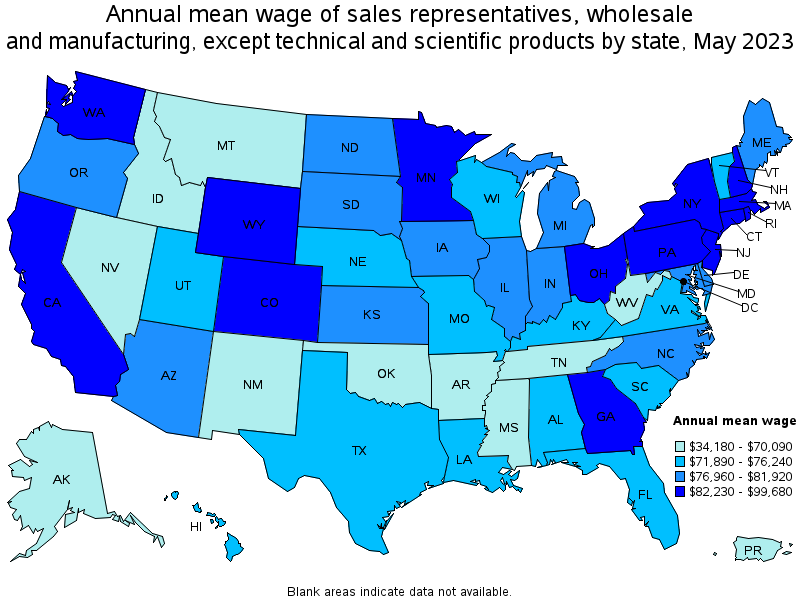 Map of annual mean wages of sales representatives, wholesale and manufacturing, except technical and scientific products by state, May 2023