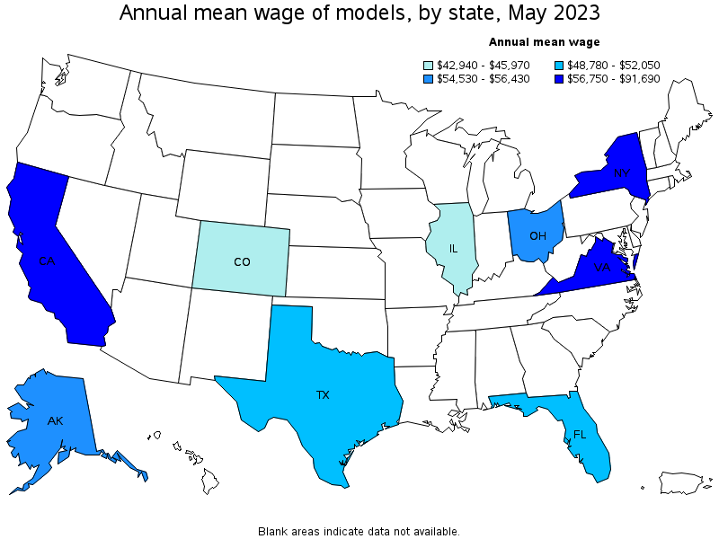 Map of annual mean wages of models by state, May 2023