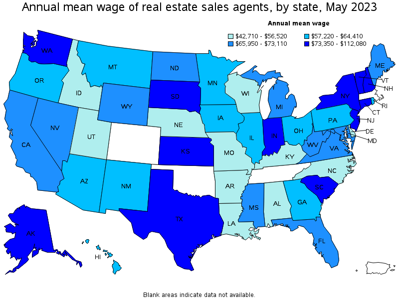 Map of annual mean wages of real estate sales agents by state, May 2023