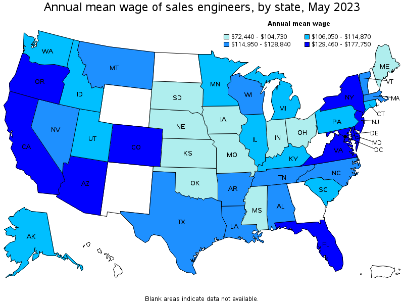 Map of annual mean wages of sales engineers by state, May 2023