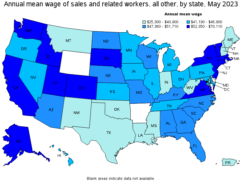 Map of annual mean wages of sales and related workers, all other by state, May 2023