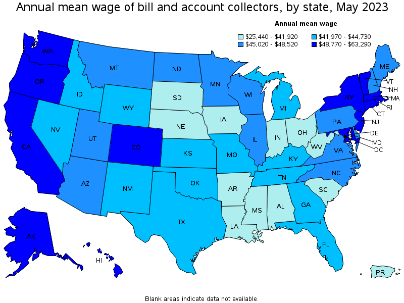 Map of annual mean wages of bill and account collectors by state, May 2023
