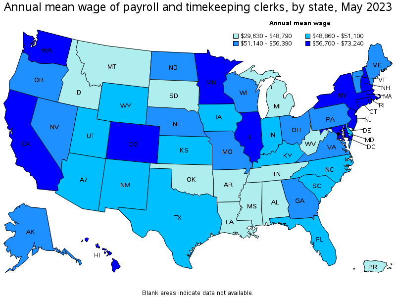 Map of annual mean wages of payroll and timekeeping clerks by state, May 2023